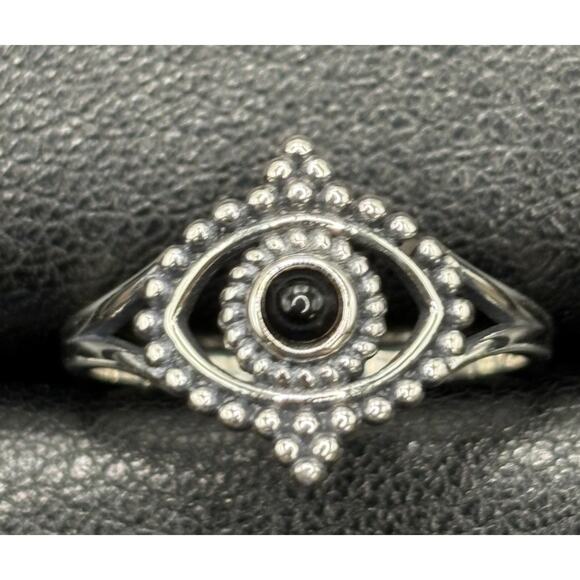 New Condition Sterling Silver Evil Eye Onyx Ring Size 7 - Picture 1 of 11